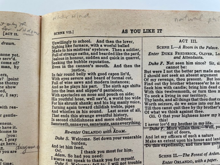 Photo of old copy of As You Like It, featuring a sorry picture of old age. The sixth age shifts/ into the lean and slipper'd pantaloon,/with spectacles on nose and pouch on side;/ His youthful holse, well sav'd, a world too wide/For his shrunk shank; andhisbig manly voice,/turning agan toward childish treble, pipes/And whistles in his hound.  Last scene of all [...]/Is second childishness and mere oblivion;/ Sans teeth, sans eyes, sans taste, sans everything.